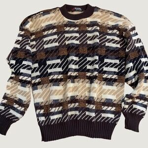 Vintage Scandia Mens Large Geometric Knit Sweater 90s Brown Retro Cabincore USA